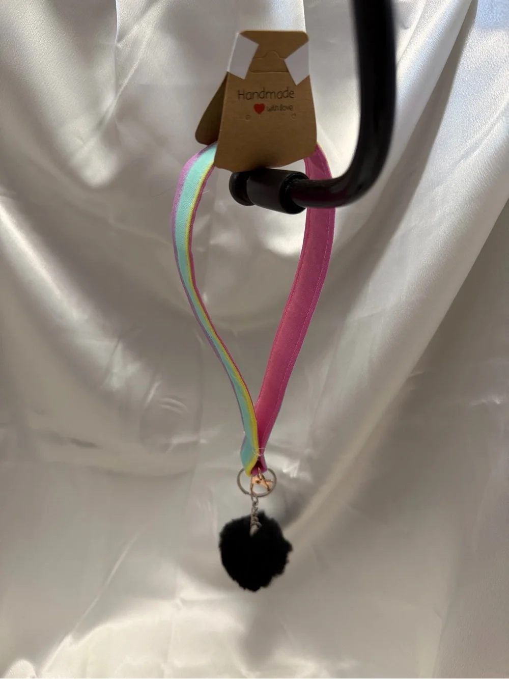 Handmade Rainbow Wristlet Keychain with Black Pompom